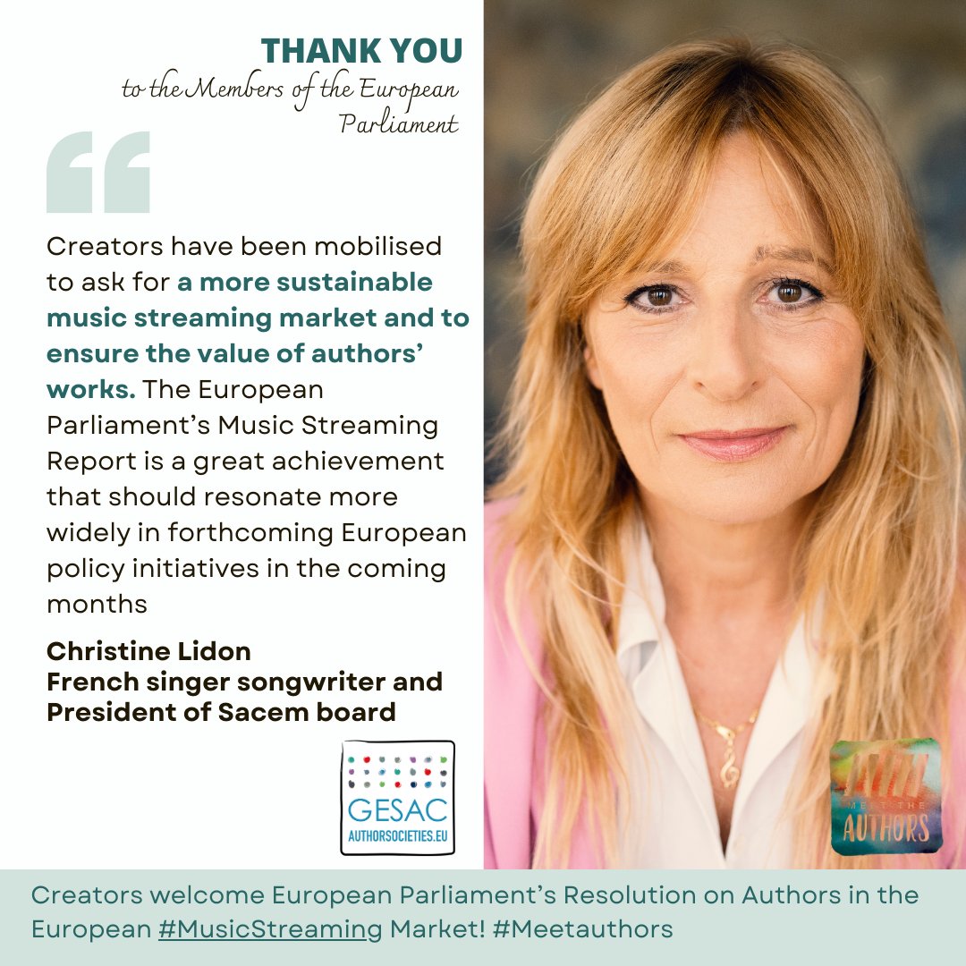 The <a href="/EUparliament/">European Parliament</a> with the adoption of the #MusicStreaming report recognized clearly the key role played by creators in this growing market. Thank you to the shadow rapporteur <a href="/laurencefarreng/">Laurence Farreng</a> for her invaluable support.  

👇Statement from French singer and songwriter