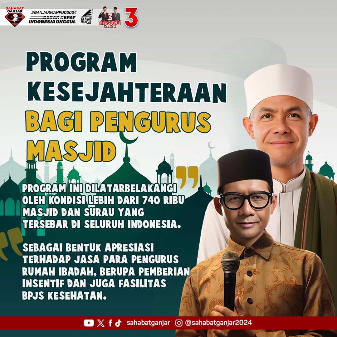 Ganjar-Mahfud menunjukkan kesiapan mereka untuk memberikan kesejahteraan bagi berbagai kelompok masyarakat di Indonesia, salah satunya adalah pengurus masjid. 

Program unggulan mereka melibatkan pemberian dukungan finansial dan fasilitas lainnya.

#SahabatGanjar