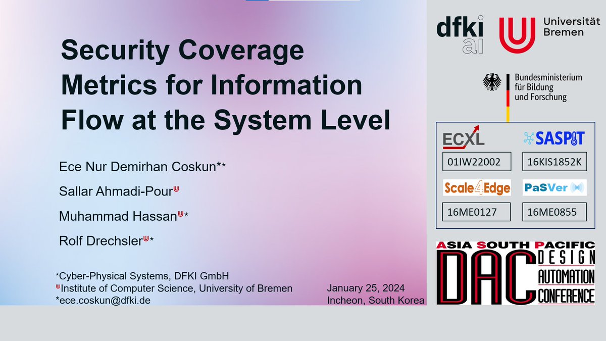 Rolf_Drechsler's tweet photo. #ASPDAC2024 - tomorrow Ece Nur Demirhan Coskun will present our paper on "Security Coverage Metrics for Information Flow at the System Level" https://t.co/utvuk6F85J @agra_uni_bremen @DSC_unibremen #security #Cybersecurity #CDD @mdothassan @DFKI @BMBF_Bund #scale4edge #PasVer https://t.co/FFC1DMBLky