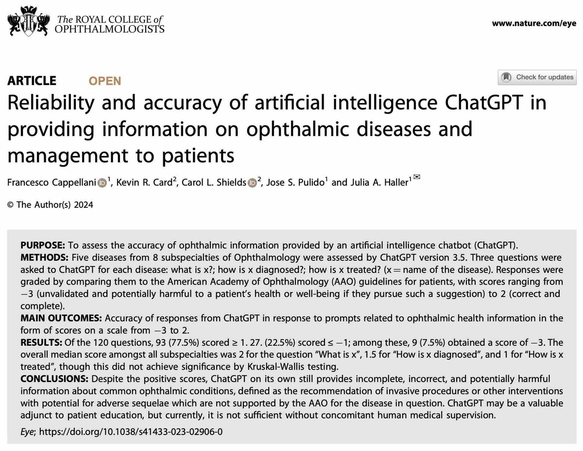 Study finds that patient inquiries in healthcare can benefit from ChatGPT, but human medical oversight is still necessary. The study compared the information provided by ChatGPT with that of AAO. Learn more here: go.nature.com/3SES6hj @KevinRCard #Ophthalmology #AI #FOAMed