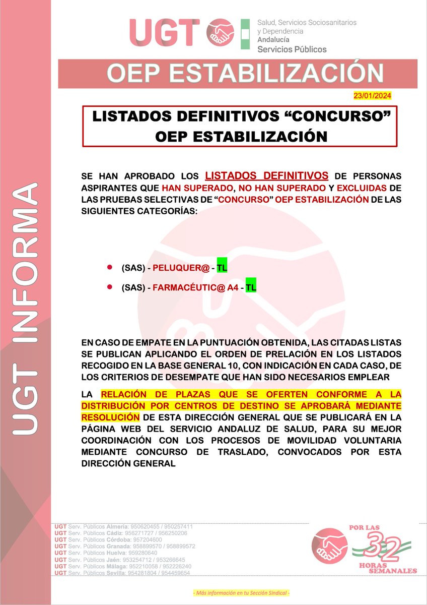 Ugt_A_Sanidad's tweet photo. 🔴 𝐎𝐄𝐏 𝐄𝐬𝐭𝐚𝐛𝐢𝐥𝐢𝐳𝐚𝐜𝐢𝐨𝐧 𝐒𝐀𝐒: listados provisionales y  definitivos de las siguientes categorías:

@UGT_SPANDALUCIA @UGT_Andalucia @UGT_SP 
#ugtsanidadandalucia #oepsas #estabilizacion #soloconcurso #listados #provisionales #definitivos https://t.co/n44J5ezrjE