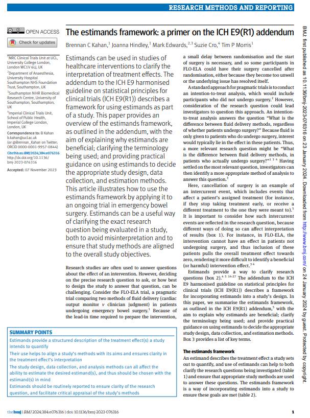 Want to know all the essentials about #estimands? &amp; see examples of how to use the estimands framework in an emergency bowel clinical trial + cancer clinical trial? then this new primer in <a href="/bmj_latest/">The BMJ</a> if for you... bmj.com/content/384/bm…