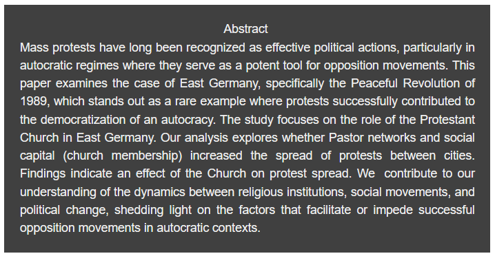 📅Tomorrow, 30.01.24, Max Deter from @unipotsdam will present 'The Church of Resistance - Religion and Protests in an Autocracy' in the Potsdam Research Seminar in Economics.