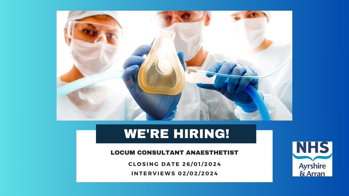 Closing soon - Locum Consultant Anaesthetist - University Hospital Ayr. See link for more details:
apply.jobs.scot.nhs.uk/Job/JobDetail?…