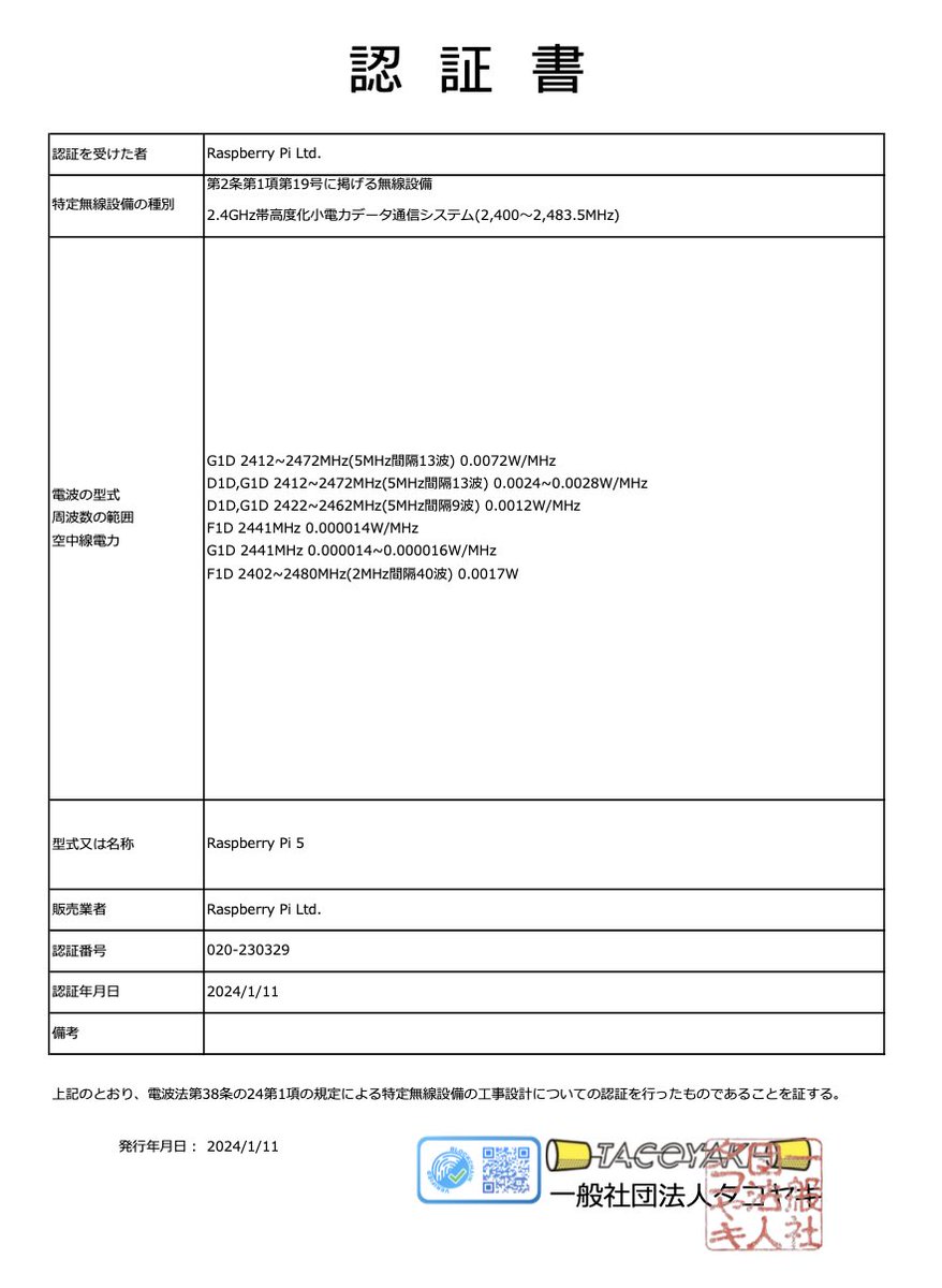 SteveKasuya2's tweet image. 最新版のRaspberry Pi 5(ラズパイ5)の技適が1/11に通ったようです。販売開始が待ち遠しいですね☺️

pip.raspberrypi.com/categories/894…