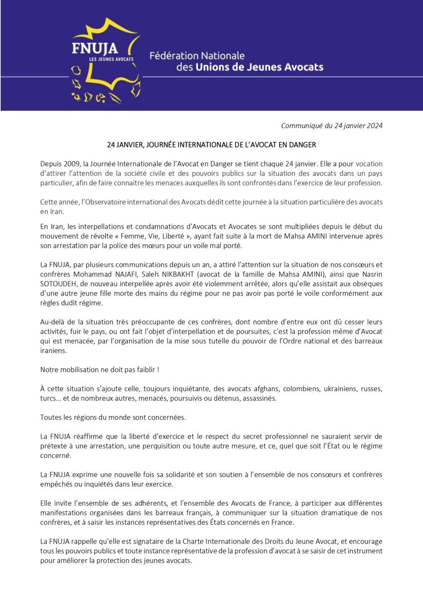 🔵🟡 #AvocatEnDanger
24 janvier : Journée Internationale de l’Avocat en danger. Arrêtons-nous sur les chiffres alarmants de <a href="/ProtectLawyers/">Observatoire international des avocats en danger</a> 
Cette année la journée est dédiée à la situation particulière des avocats en IRAN🇮🇷 dont les interpellations se multiplient depuis des mois