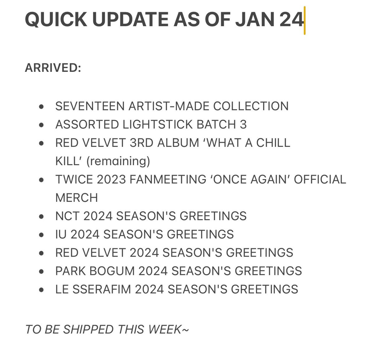 DELIGHTSEOULPH's tweet photo. QUICK UPDATE AS OF JANUARY 24, 2024
ALL ITEMS WILL BE SHIPPED THIS WEEK. For any inquiries, just dm us~
#DSPHUpdates #DSPHArrivals https://t.co/6aAtyyMaLN