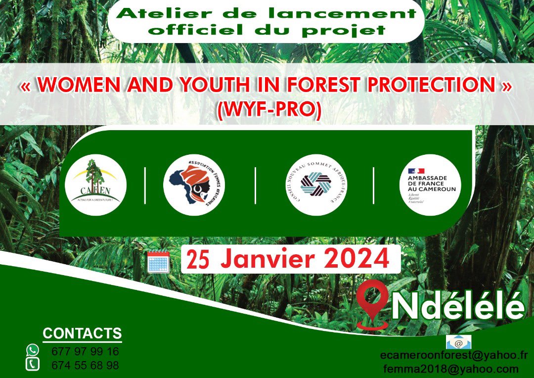 C’est ce jeudi 25 janvier à Ndélélé qu’aura lieu la cérémonie de lancement du projet « Women and Youth in Forest Protection ».

Ce projet est une initiative des associations <a href="/CameroonForest/">Cameroon Forest</a> et <a href="/afa/">AFA</a> dans le cadre du #FSPI Transition Écologique.