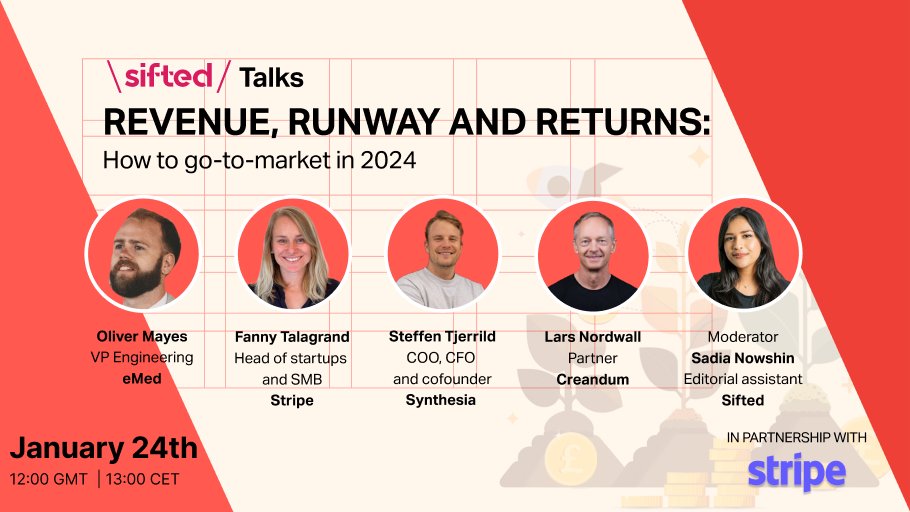 Siftedeu's tweet image. How can startups boost revenue in 2024? 🚨 Join our Sifted Talks at 12pm TODAY, when @creandum, @synthesiaIO, @stripe and eMed will share tactics for firing up your revenue. 

Last chance to save your spot. 👉 sifted.eu/talks/revenue-…

#growth #revenue #siftedtalks #startupevent