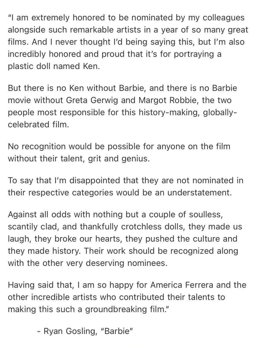 Buenos días SOLO a Ryan Gosling. 

“No hay Ken sin Barbie, y no hay película de Barbie sin Greta Gerwig y Margot Robbie, las dos responsalbles de esta película que ha hecho historia y ha sido celebrada globalmente. (…) 

Estoy más que decepcionado de que ellas no hayan sido