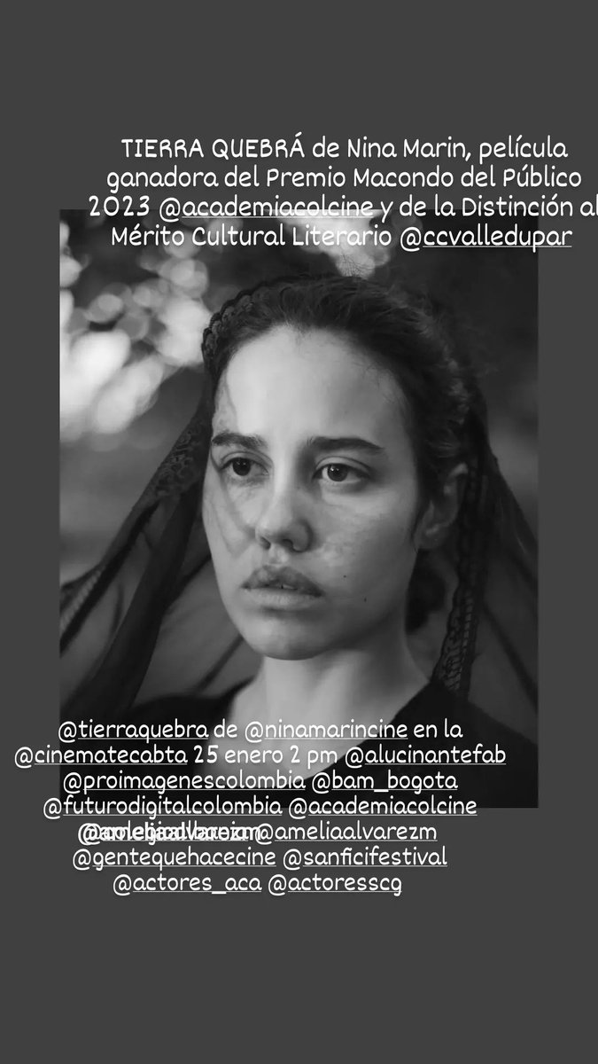 Tierra Quebrá de Nina Marin se proyecta del 25 de enero a las 2 pm en la <a href="/CinematecaBta/">Cinemateca de Bogotá</a> Invitados. Esta peli es ganadora del premio Macondo del Público 2023 <a href="/AcademiaColCine/">Academia Colombiana de Cine</a> <a href="/CCVALLEDUPAR/">Cámara de Comercio de Valledupar</a> <a href="/Pia_Barragan/">Pía Barragán</a> <a href="/DiegoTrujilloD/">Diego Trujillo</a> <a href="/Bogota/">Alcaldía de Bogotá</a> <a href="/investinbogota/">Invest in Bogotá</a> <a href="/elBogotano/">Periódico el Bogotano</a> <a href="/BogotaET/">EL TIEMPO Bogotá</a>