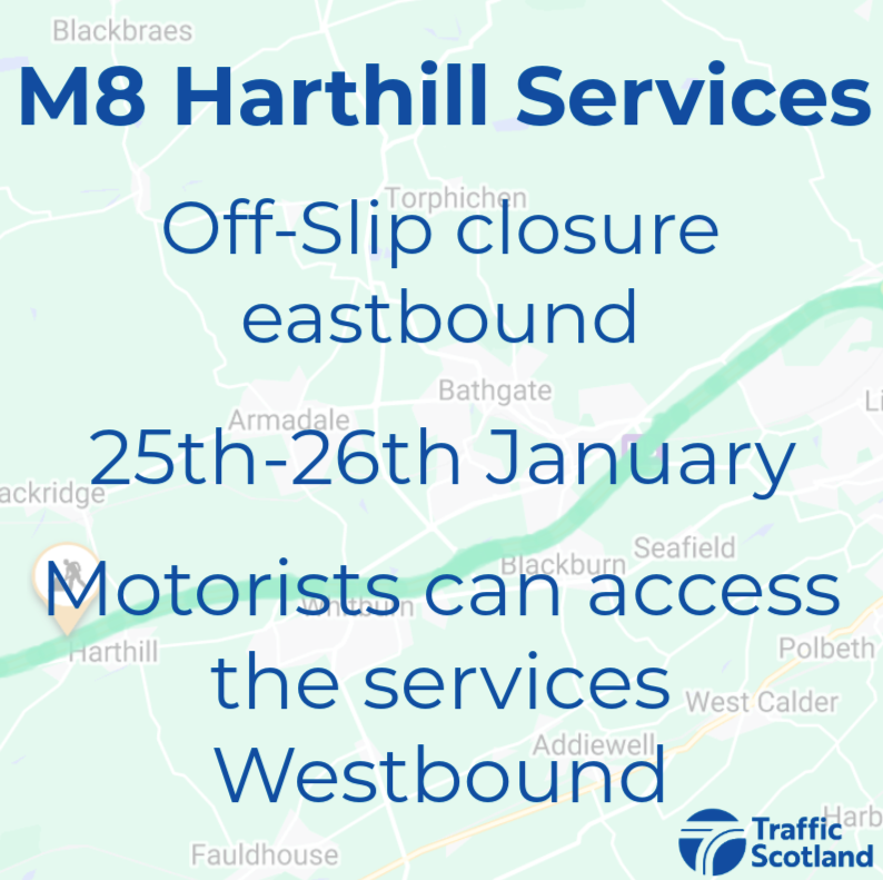 ⚡ ATTENTION⚡

#M8 Harthill Services🚧

An overnight Off-Slip closure will be implemented between 25th-26th January⛔ 

Motorists can still access the services via the westbound carriageway during this time but do #PlanAhead

More info: traffic.gov.scot

<a href="/SETrunkRoads/">BEAR SE Trunk Roads</a>