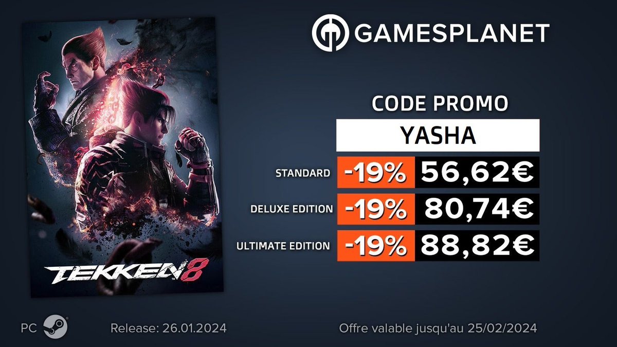 À l'occasion de la sortie de Tekken 8 je vous fais gagner une clé Steam édition Standard du jeu ! Pour participer : -Follow @GamesplanetFR et @Yasha94_ -RT 🔁 et Like ❤️ le tweet -Tag un ami à toi en commentaire ‼️T.A.S Jeudi 25/01 à 23h (heure française)‼️ 🔽🔽🔽