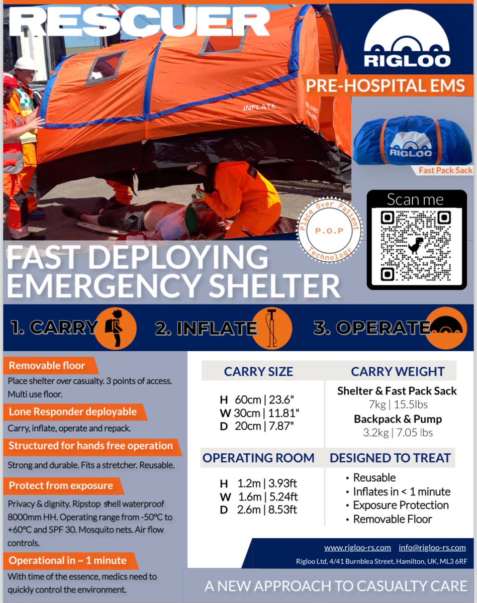 Available to buy now. 

Contact us for distribution details. 

Info@rigloo-rs.com

Control the environment, control the outcome! 

#pfc #hypothermia #prehospital #prehospitalcare #emergencyservices #firstresponders #patientcare #shelterinplace #disasterresponse #humanitarian_aid