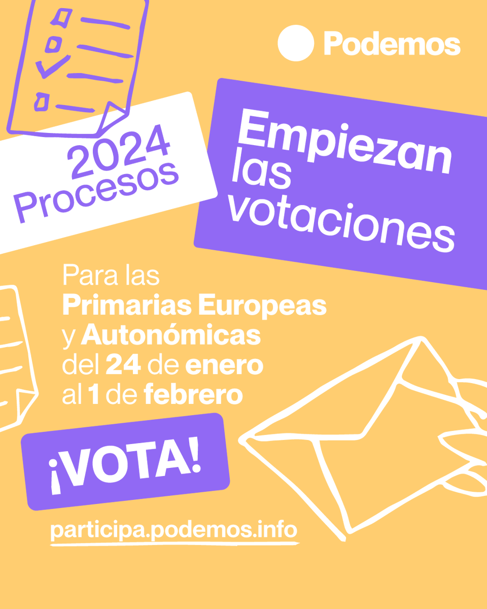 ‼️Abiertas las votaciones‼️ Ya puedes elegir a nuestras candidatas y candidatos para las Europeas y coordinaciones autonómicas. 🟣En Podemos tú tomas las decisiones más importantes. 🗳️Participa hasta el próximo 1 de febrero participa.podemos.info