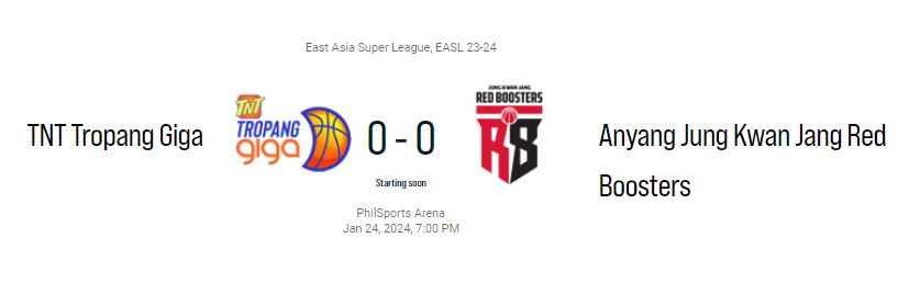 baekpd1983's tweet photo. There is an EASL match between the JKJ Red Boosters club and Talk N Text Tropang Giga Today evening.
My prediction is that the TNT club, which has a home game advantage, will win.
#EASL #EASLBasketball #JKJ #TNT https://t.co/2nf3JoJCVJ