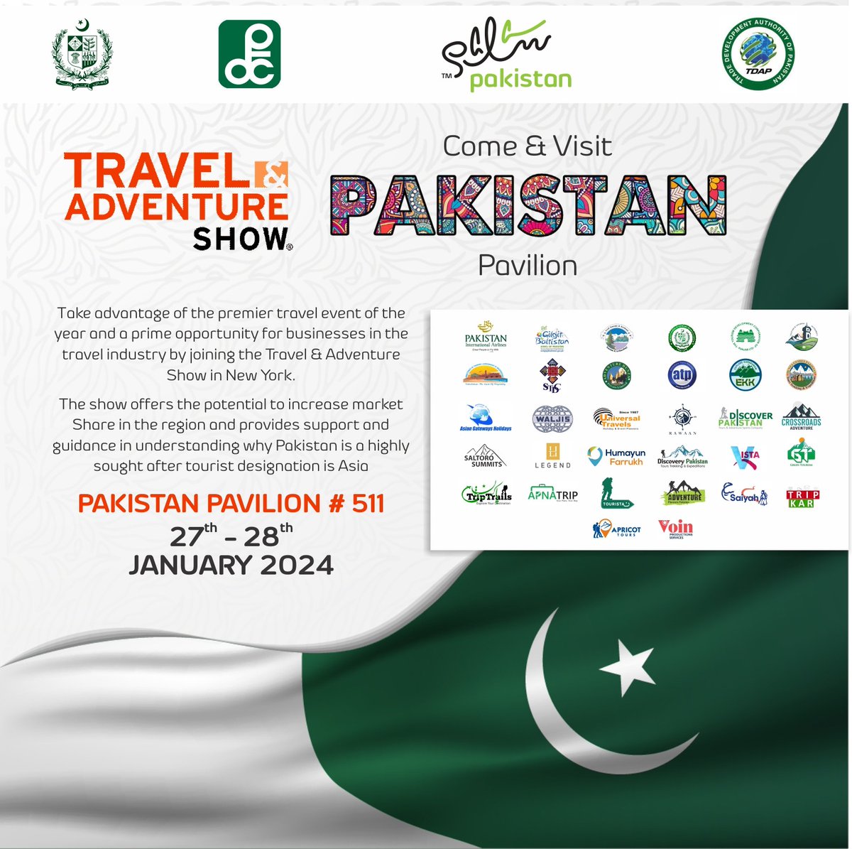 Discover the wonders of Pakistan at the Travel & Adventure Show in New York on Jan 27-28! 🇵🇰 Join us at Stand 511 & 500 for an immersive experience showcasing our breathtaking destinations. Attend/visit us on Sat (10am–5pm) & Sun (11am–4pm). Don't miss out! #SalamPakistan #PTDC