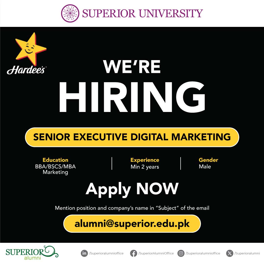 superioralumni's tweet photo. 𝐄𝐱𝐩𝐞𝐫𝐢𝐞𝐧𝐜𝐞𝐝 𝐚𝐥𝐮𝐦𝐧𝐢 𝐚𝐫𝐞 𝐞𝐧𝐜𝐨𝐮����𝐚𝐠𝐞𝐝 𝐭𝐨 𝐚𝐩𝐩𝐥𝐲!

Hardee's Pakistan is currently seeking Senior Executive Digital Marketing at their Lahore Office. Interested candidates should send their resumes to alumni@superior.edu.pk https://t.co/wefbSM7hoV