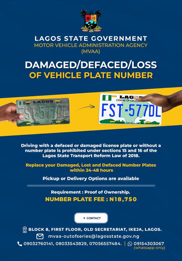 mvaalagos's tweet photo. Did you know you can get a replacement for your damaged/defaced/lost vehicle plate number? 

Get a replacement within 24-48 hours. 

MVAA is committed to efficiency, ease, and convenience. https://t.co/IMCY7XuKu8