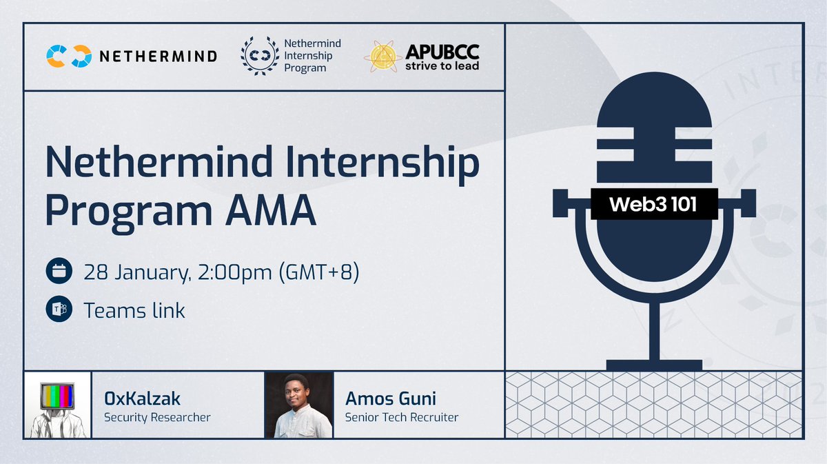 Nethermind's tweet photo. We're joining @apubcc's Web3 101 Bootcamp to chat about all things Nethermind Internship Program! If you’re a student or graduate ready to dive head-first into the most challenging projects in Ethereum, Starknet, and beyond, tune in!

We’ll cover:
-the technical skills you’ll develop with us, with tips and resources from Nethermind Security’s auditor @0xKalzak
-the various engineering groups and projects you can contribute to
-the application process overview with our technical recruiter @amosguni

Open to all - get your ticket🔗https://t.co/jBCbUPd41H
Happening on Teams!