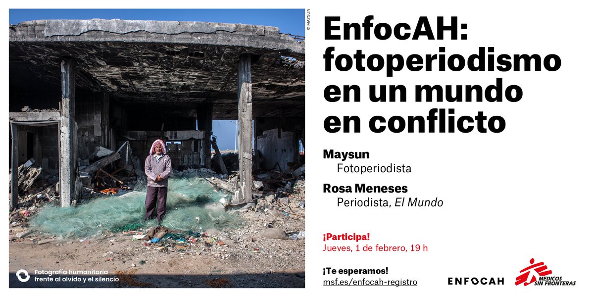 El próximo 📅1 de febrero nuestra compañera <a href="/Maysun/">Maysun</a> participa en #EnfocAH de <a href="/MSF_Espana/">Médicos Sin Fronteras</a> junto a <a href="/rosameneses10/">Rosa Meneses</a> 

¡Os esperamos!

✍Inscripciones 👉msf.es/enfocah-regist…
🕖19h

#FotosxPalestina #Palestina