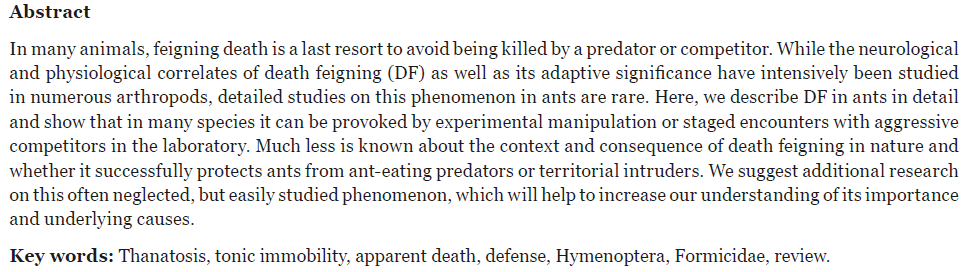 MyrmecolNews's tweet photo. 🆕review: "Death feigning in #ants", Danon Clemes Cardoso, Ítalo Cordeiro Canguçu Alves, Maykon Passos Cristiano, and Jürgen Heinze review the literature on feigning death in ants, which has received little attention so far. 
1/2
https://t.co/qQXXubaYtt https://t.co/nNpWYp2e37