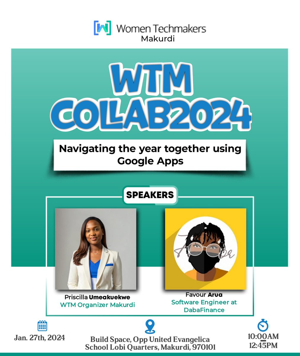 It's another year to invest in ourselves and grow beyond our current levels🎉

Let's collaborate this Saturday. Join us for Collab2024🥂

RSVP: gdg.community.dev/e/mge6ph/
See you there.😎
<a href="/GDGMakurdi/">GDG Makurdi</a>  <a href="/WomenTechmakers/">Women Techmakers</a> #NewYear2024