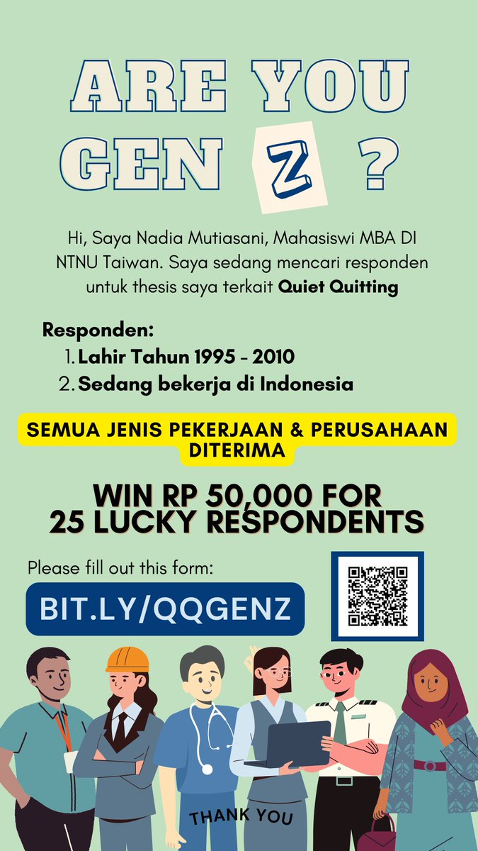 nadiamutiasani's tweet photo. @2525acc @collegemenfess (bukan sender) Halo kak, aku jg butuh responden nih dari GEN Z untuk thesis aku!

25 Respondent terpilih akan dpt 50,000 ya💰

https://t.co/udYylsrHnJ

Kuesioner ini akan membantu teman" yg merasa stuck, demotivated di pekerjaannya!

Mohon bantuannya pejuang cuan, Terimakasih! https://t.co/SCE5hee0x7
