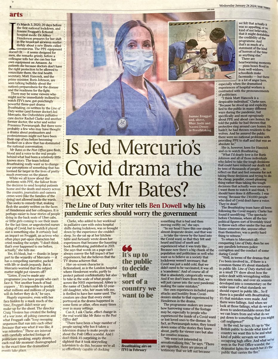 Thank you @thetimes for this amazing piece about BREATHTAKING - coming to @itv in Feb. We've tried so hard to show what really happened behind closed hospital doors - the grit & courage & compassion of NHS staff. And the same, in abundance, from patients & their families 💙