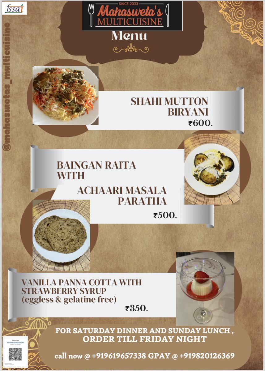 swetaghosh_04's tweet photo. This weekends Menu.. plz call or sms for orders..!! https://t.co/SBfpuyQt2K