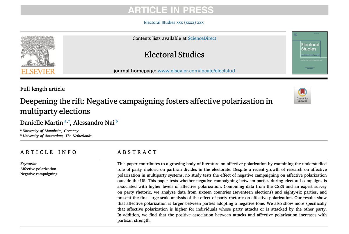 Alessandro Nai (@alessandro_nai) on Twitter photo 🚨Is negative campaigning linked to an increase in affective polarization in the public? You bet!
New comparative evidence in article out at <a href="/ElectoralStdies/">Electoral Studies</a> w Danielle Martin
Open access article: tinyurl.com/4cyuften
Negative campaigning data: osf.io/mekwg/ 🚨Is negative campaigning linked to an increase in affective polarization in the public? You bet!
New comparative evidence in article out at <a href="/ElectoralStdies/">Electoral Studies</a> w Danielle Martin
Open access article: tinyurl.com/4cyuften
Negative campaigning data: osf.io/mekwg/