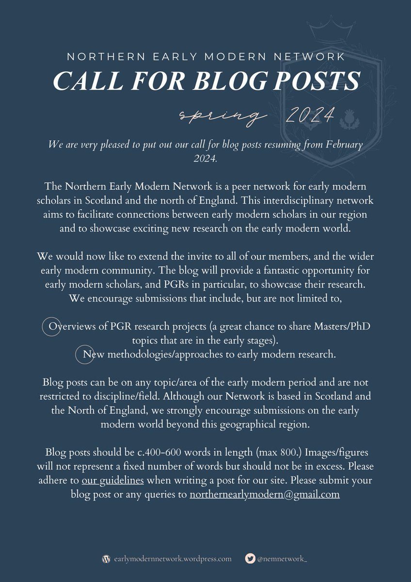 Along with our many exciting announcements, we are excited to announce our Spring call for blog posts!

We are welcoming blog posts around 600 words and can be on any topic/area of the early modern period.
Find out about submission guidelines, deadlines and how to submit below 👇