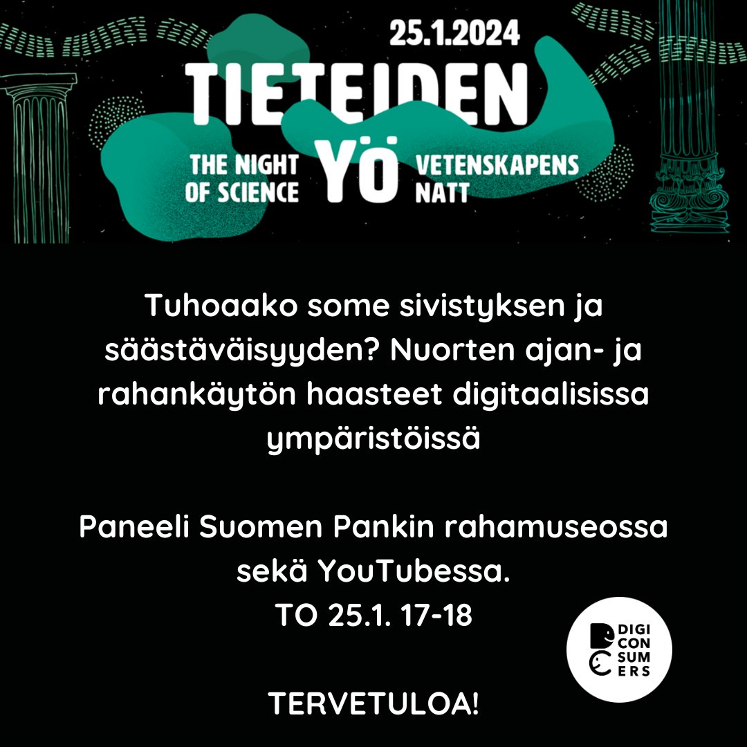 DigiConsumers (@consumersdigi) on Twitter photo Paneelin juontaa tutkimusjohtaja Olli-Pekka Ruuskanen. Keskustelemassa dosentti Arto K. Ahonen sekä professorit Panu Kalmi, Kirsti Lonka ja Terhi-Anna Wilska.
<a href="/opruuskanen/">Olli-Pekka Ruuskanen</a> <a href="/panukalmi/">Panu Kalmi 🇫🇮🇺🇦</a> <a href="/KirstiLonka/">Kirsti Lonka 🇫🇮🇺🇦</a> <a href="/WilskaTA/">Terhi-Anna Wilska 🇫🇮🇺🇦</a> <a href="/tieteidenyo/">Tieteiden yö</a> <a href="/Akatemia_STN/">Strateginen tutkimus</a>
Rahamuseo tai YouTube mediaserver.fi/live/rahamuseo Paneelin juontaa tutkimusjohtaja Olli-Pekka Ruuskanen. Keskustelemassa dosentti Arto K. Ahonen sekä professorit Panu Kalmi, Kirsti Lonka ja Terhi-Anna Wilska.
<a href="/opruuskanen/">Olli-Pekka Ruuskanen</a> <a href="/panukalmi/">Panu Kalmi 🇫🇮🇺🇦</a> <a href="/KirstiLonka/">Kirsti Lonka 🇫🇮🇺🇦</a> <a href="/WilskaTA/">Terhi-Anna Wilska 🇫🇮🇺🇦</a> <a href="/tieteidenyo/">Tieteiden yö</a> <a href="/Akatemia_STN/">Strateginen tutkimus</a>
Rahamuseo tai YouTube mediaserver.fi/live/rahamuseo