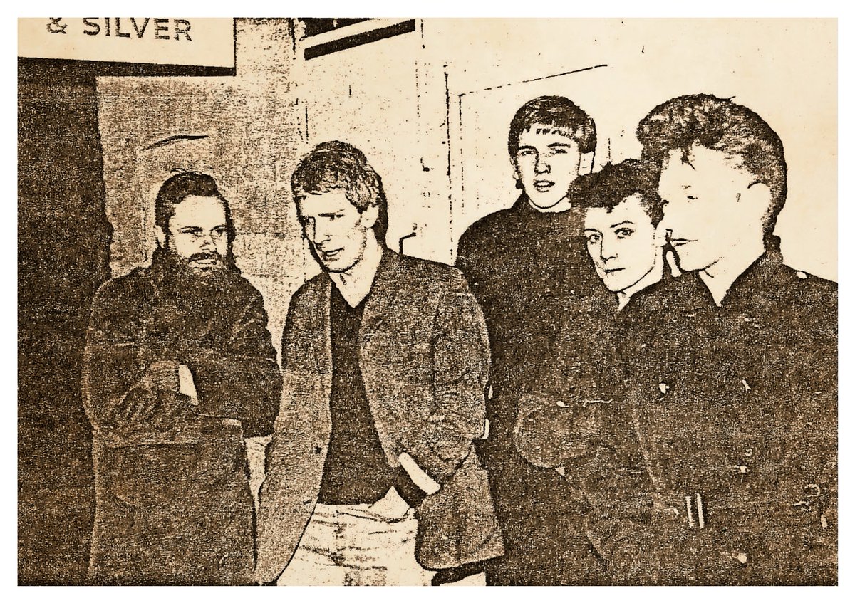rogerquail's tweet image. DVA January 1981 
(L-R) Charlie, Paul, me, Judd &amp;amp; Adi. Photo taken in the Little Mesters yard, just off West Street, next door to the Limit club in Sheffield. 
Scanned from Sense Of Purpose fanzine.
#clockdva #thirst #Sheffield #postpunk #industrial