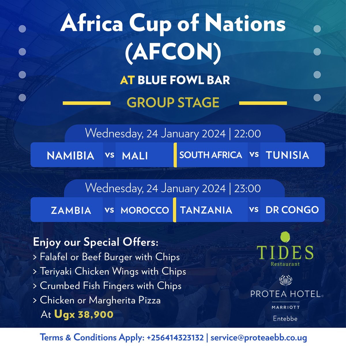 ProteaEntebbe's tweet photo. Cap off the AFCON Group Stage in style!โฝ
Join us tonight at #BlueFowlBar for the ultimate football showdown. Don't miss the last Group Stage matches and indulge in our special offers.๐ฅ
#AFCON2024 #ProteaEntebbe https://t.co/Ku3Te8VP0V
