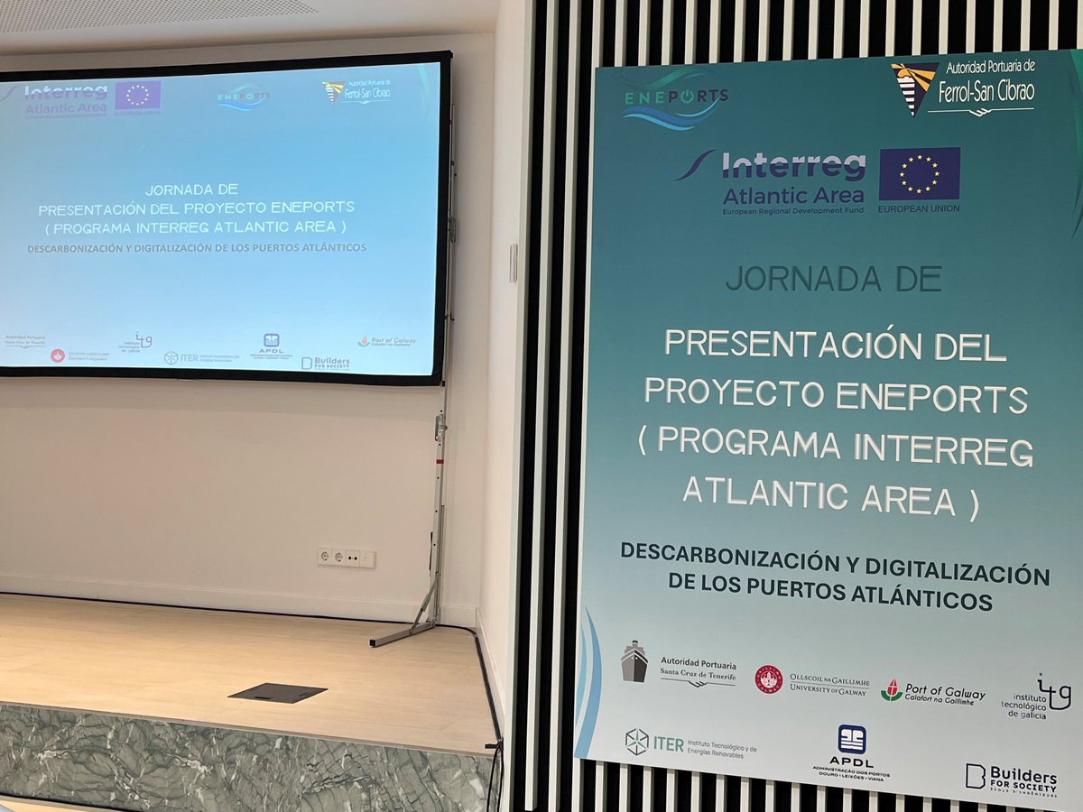 PuertoFerrolSC's tweet photo. Preparados en la Sala Curuxeiras para la presentación de #EnePorts para la #descarbonización de los puertos atlánticos. Un proyecto liderado por @ITGGalicia y en el que, además de #ferrol participan los puertos de Granadilla @PortsSCTenerife, Leixões y el @ITERtenerife https://t.co/bMDCSJ9fiZ