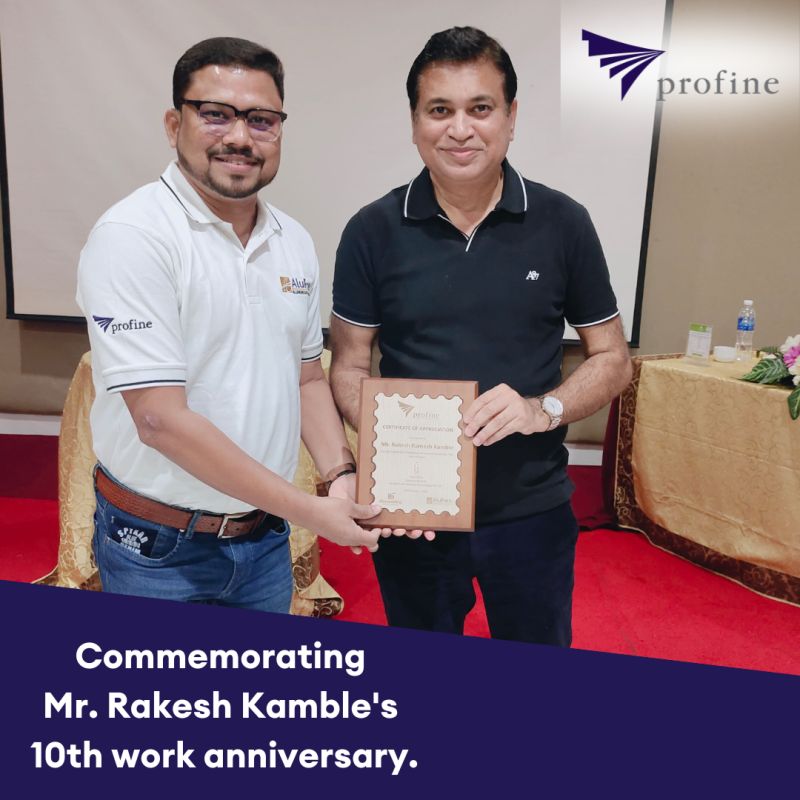 Dear Mr. Rakesh Kamble, profine India is proud to have you as part of the corporate family and hopes that you keep up your good work. Thank you for being with us. Happy 10th Work Anniversary and many more years to come! #workanniversary #workculture #celebration #profineIndia