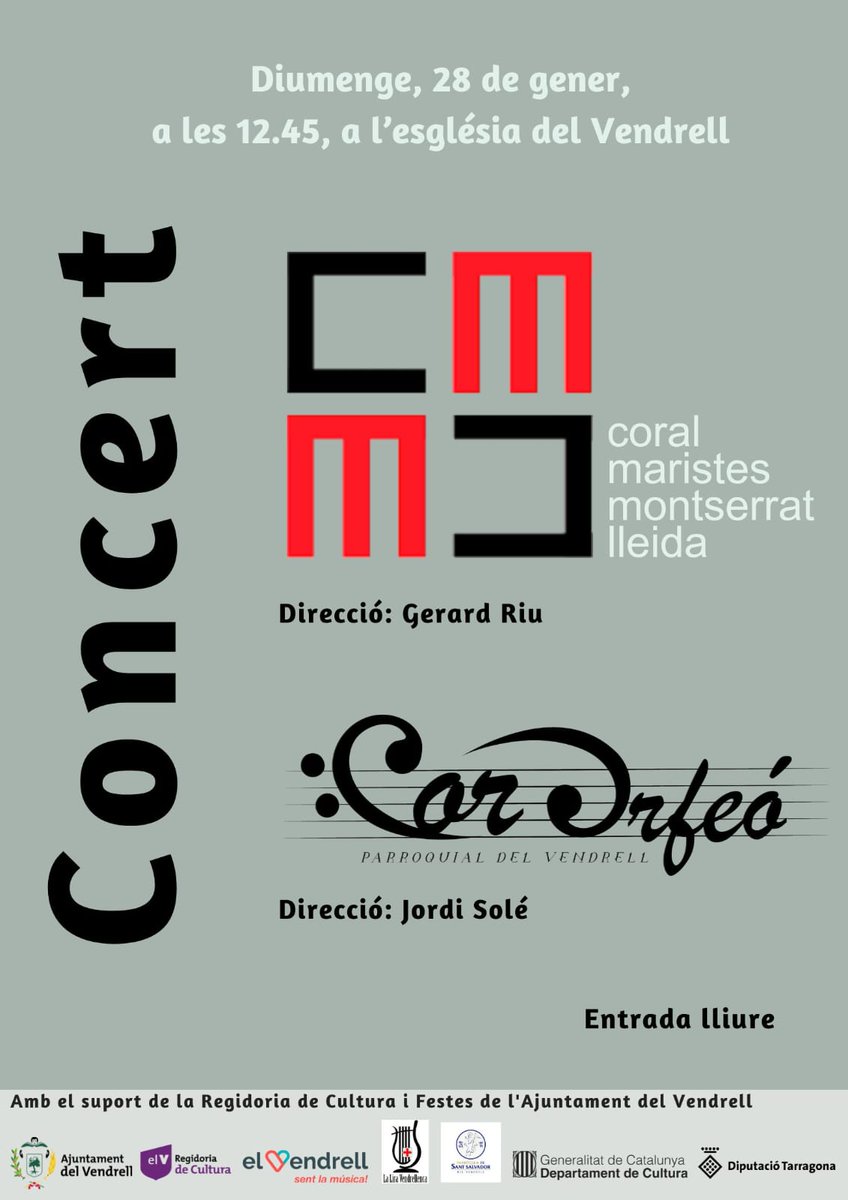 Aquest diumenge ens visita la Coral Maristes Montserrat de Lleida, a les 12.45 us oferirem un concert a l'església del Vendrell.
Us hi esperem!