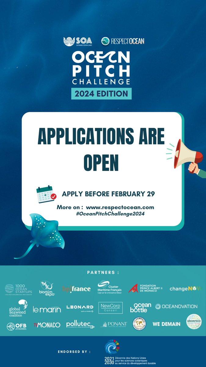 📣🌊Pitch your ocean solution with 1000OS’ latest Member Initiative!

@SOAlliance & @Respect_Ocean are joining forces for the 4th ed of the Ocean Pitch Challenge, an international competition supporting #OceanInnovation

⏰Deadline 29 Feb 2024 #Startups
respectocean.com/ocean-pitch-ch…