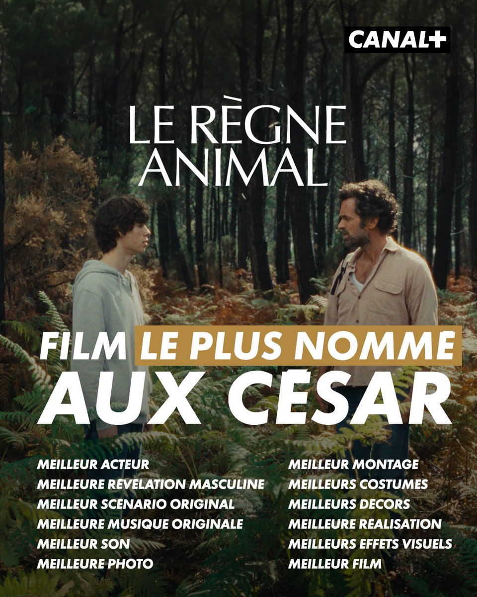 Le Règne Animal est le film le plus nommé de cette édition des #César, devant Anatomie d'Une Chute et Je Verrai Toujours vos Visages.

Le 1er film de Thomas Cailley, Les Combattants, avait déjà remporté 3 César en 2015.

#César2024 @Les_Cesar