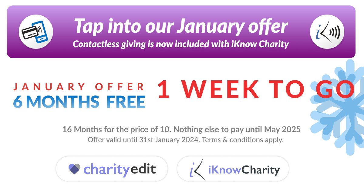 charityedit's tweet photo. There's just 1 week remaining for our January Offer of 16 months for the cost of 10 on Charity Edit and iKnow Charity. Check out all of the details and sign up for your trial today. https://t.co/7y6vS0UnFy https://t.co/S4XXf82Bhz