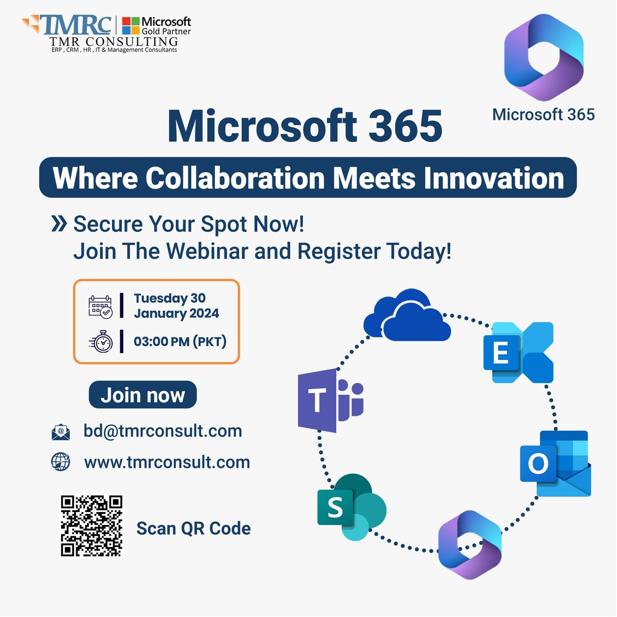 tmr_consulting's tweet photo. Microsoft 365 Webinar: Revolutionizing Team Collaboration.
Join our Exclusive Microsoft 365 Webinar on Jan 30, 2024, at 03:00 PM (PKT).
Empower your team with unparalleled efficiency using cutting-edge collaboration tools.
Register now: https://t.co/3mnknQTx4n
#Teamwork #TMRC https://t.co/KXFBNv4R2V