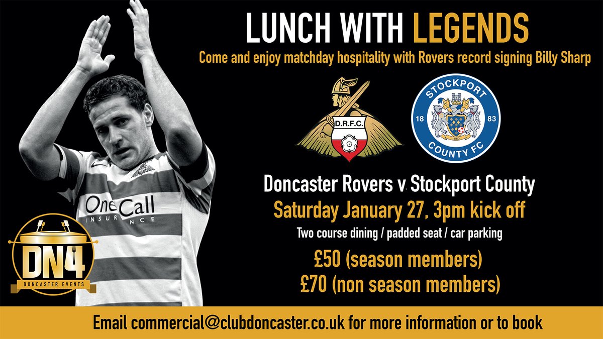 🚨 Just announced @billysharp10 will be joining Jamie McCombe and Mark Duffy in hospitality this Saturday (January 27). Want to join them? £50 (season members) £70 (non season members) Book early to avoid disappointment. 📩 commercial@clubdoncaster.co.uk #DRFC