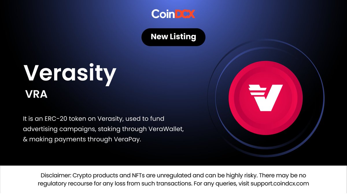 Explore new possibilities in the digital economy through blockchain  innovation as $VRA by @verasitytech is now listed on CoinDCX🚀  #CoinDCXListing #Verasity #VRA
