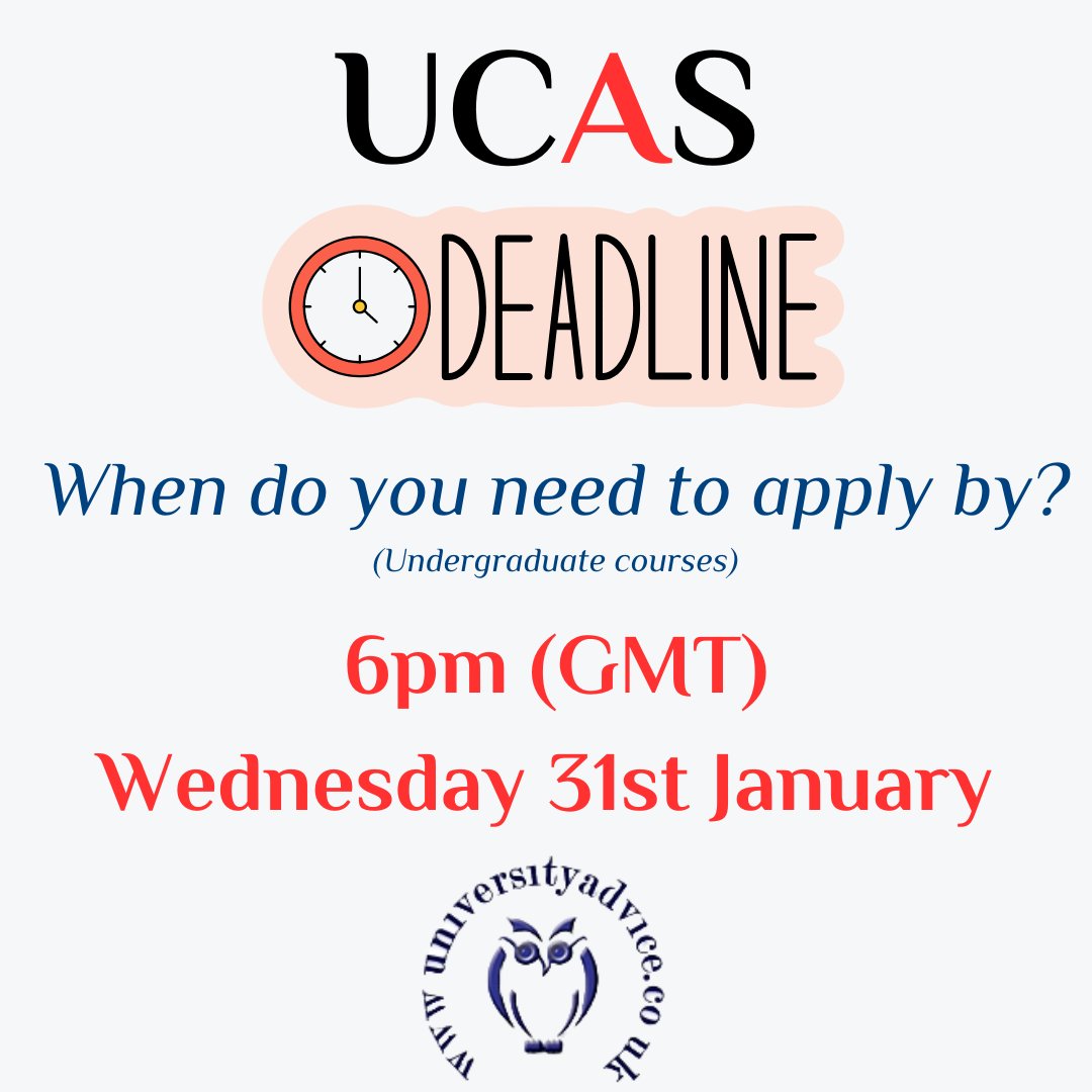 UCAS Deadline: 6pm (GMT) Wednesday 31st January 
Time is running out! The application deadline for undergraduate courses is fast approaching! 

Get in touch and we can provide you with expert support - conta.cc/47FAhCH 

#UCAS #applynow #highereducation #university