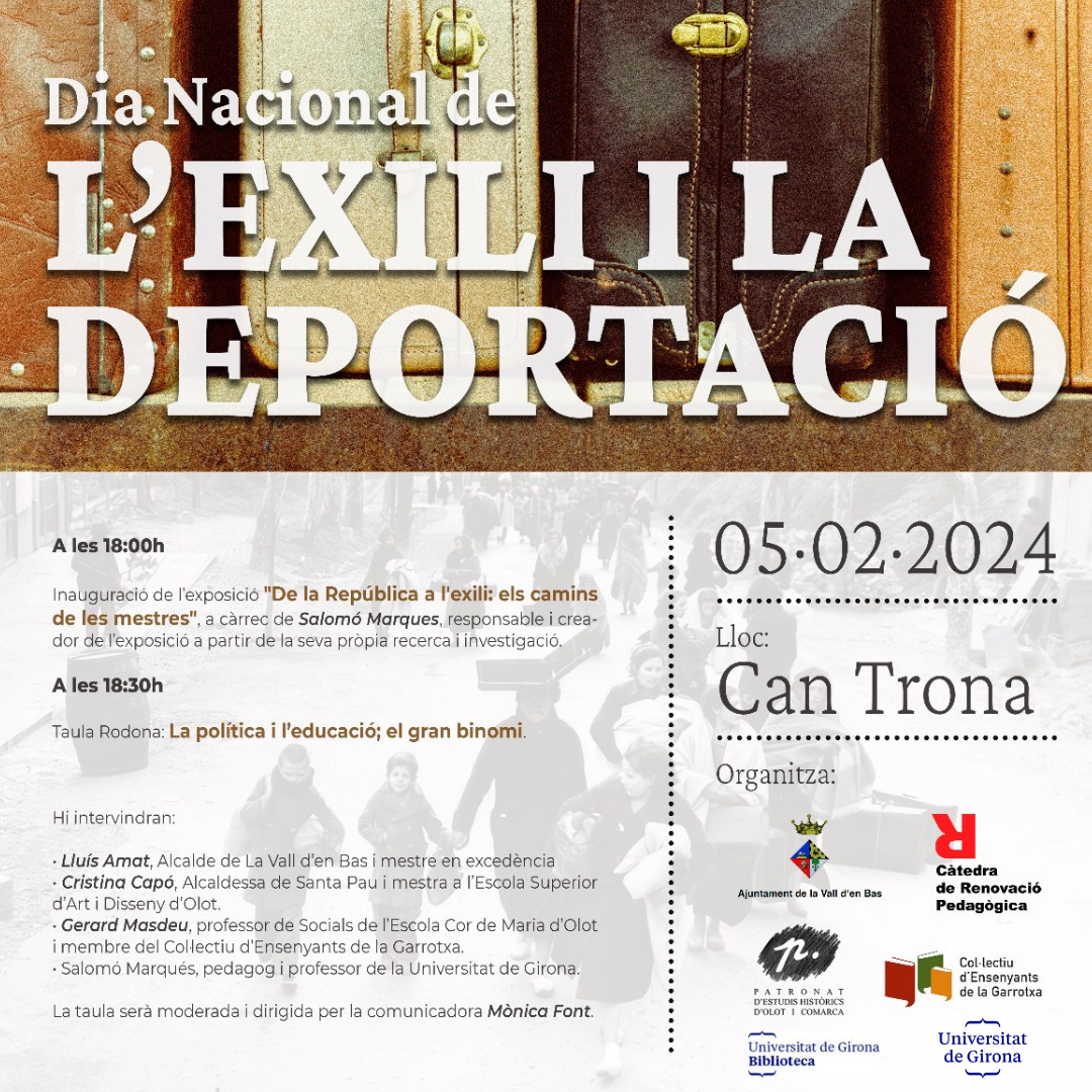 CatedraRP_UdG's tweet photo. 🗣 Dia Nacional de l'Exili i la Deportació
📆5 de febrer a @CanTronaCCN 
⏰18h  

Exposició a càrrec de Salomó Marquès, responsable i creador a partir de la pròpia recerca i investigació🙌

#renovem @ajuntamentbas @UdGBiblioteca  @pehoc_olot https://t.co/FwrL8VVIJo