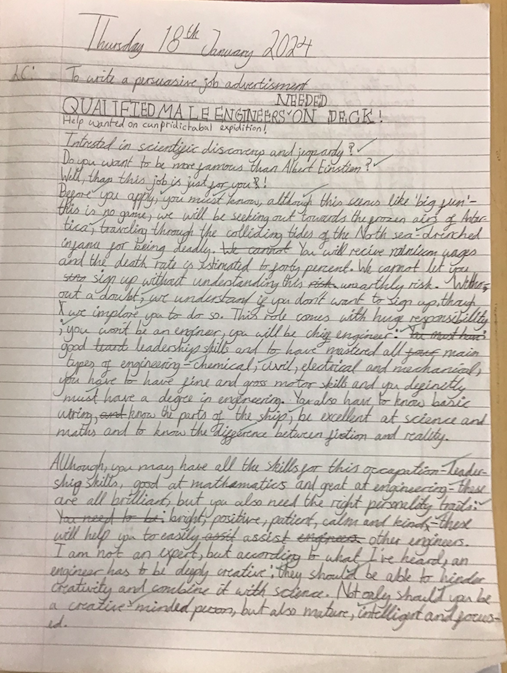 NCPS_Year6's tweet photo. Year 6 have written a persuasive job advert based on the book 'Shackleton's Journey'. Their task was to persuade a qualified individual to embark on a perilous and petrifying expedition to Antarctica! Excellent work, Evelyn; your advert was truly magnificent! 💫 @williamgrill https://t.co/ERWH0hWj6j
