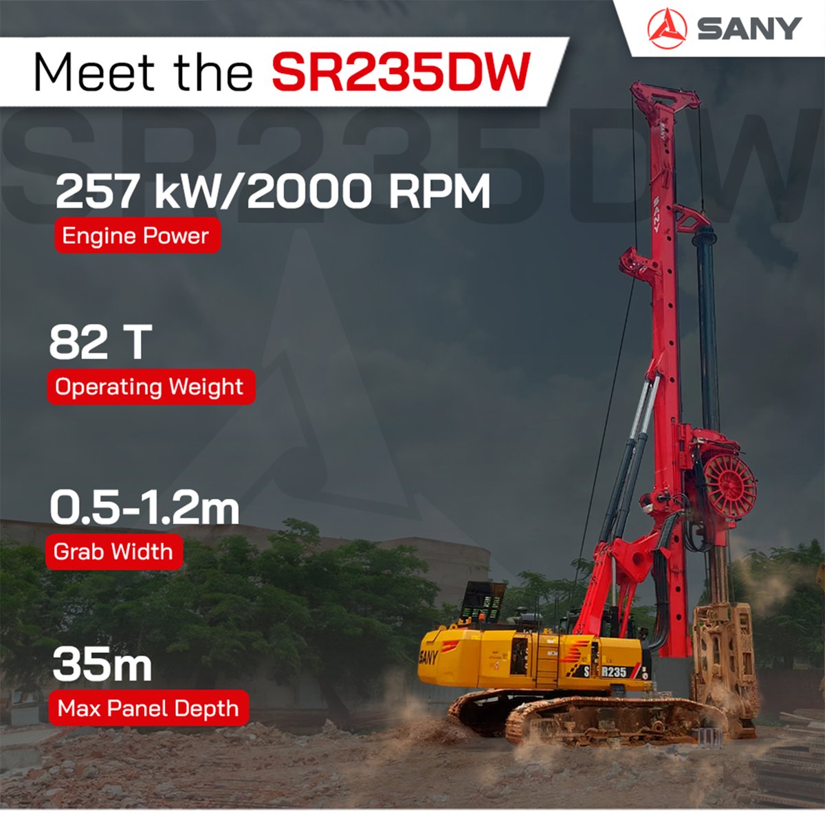 SanyIndia's tweet photo. #KnowYourMachine The SR235DW is a Diaphragm Wall Grab cum Rotary Drilling Rig. What sets it apart is its quick adaptability, effortlessly transforming into a rotary drilling rig in under 4 hours for drilling depths of up to 67 meters. With a Square Kelly, twin grab cylinders... https://t.co/BPXTvsFFSt