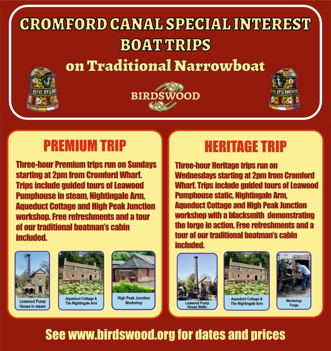 Cromford Canal now have special interest boat trips on their traditional narrowboat ‘Birdswood’. Premium and Heritage trips take in specialist attractions and experiences. See birdswood.org for available dates and prices.