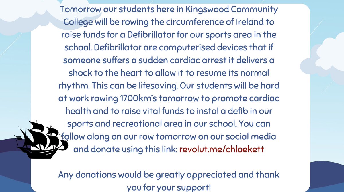 Tomorrow we will row a whopping 1700km’s to promote cardiac health and hopefully raise funds to get a Defibrillator in our school sport area! A device that saves lives. You can follow our journey here! Donations would be greatly appreciated! <a href="/Kingswoodcc16/">Kingswoodcc</a> <a href="/ddletb/">Dublin & Dún Laoghaire ETB</a> <a href="/Irishheart_ie/">Irish Heart Foundation</a>